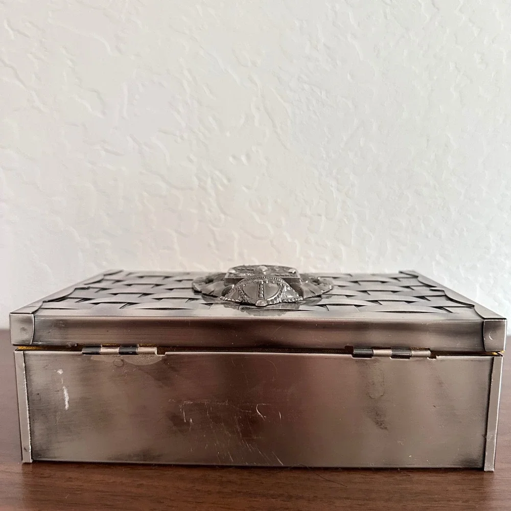 Vintage Ornate Metal Jewelry Trinket Box Crest Basket Weave Japan‎ Storage